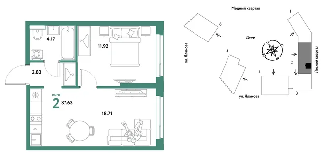 Планировка 2-комн. квартира, 37.63 м² ЖК «Сибирский сад»
