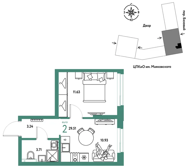 Планировка 2-комн. квартира, 29.51 м² ЖК «Сибирский сад» Планировка 2-комн. квартира, 29.51 м² ЖК «Сибирский сад»