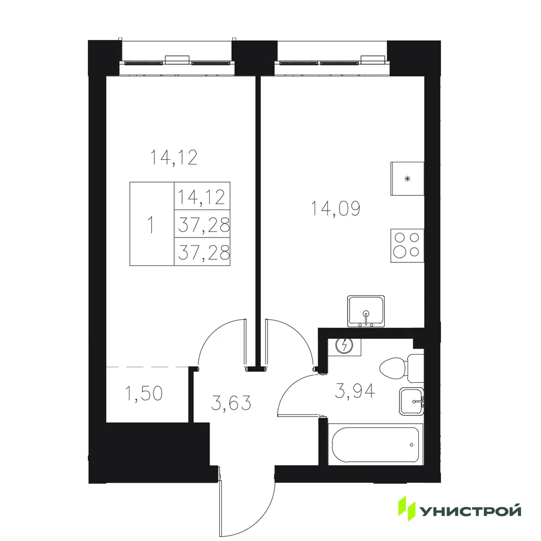 Планировка 1-комн. квартира, 37.28 м² ЖК «Statum»