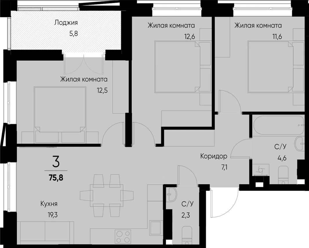 Планировка 3-комн. квартира, 75.8 м² ЖК «Васильевский остров»