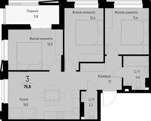 Планировка 3-комн. квартира, 75.8 м² ЖК «Васильевский остров»