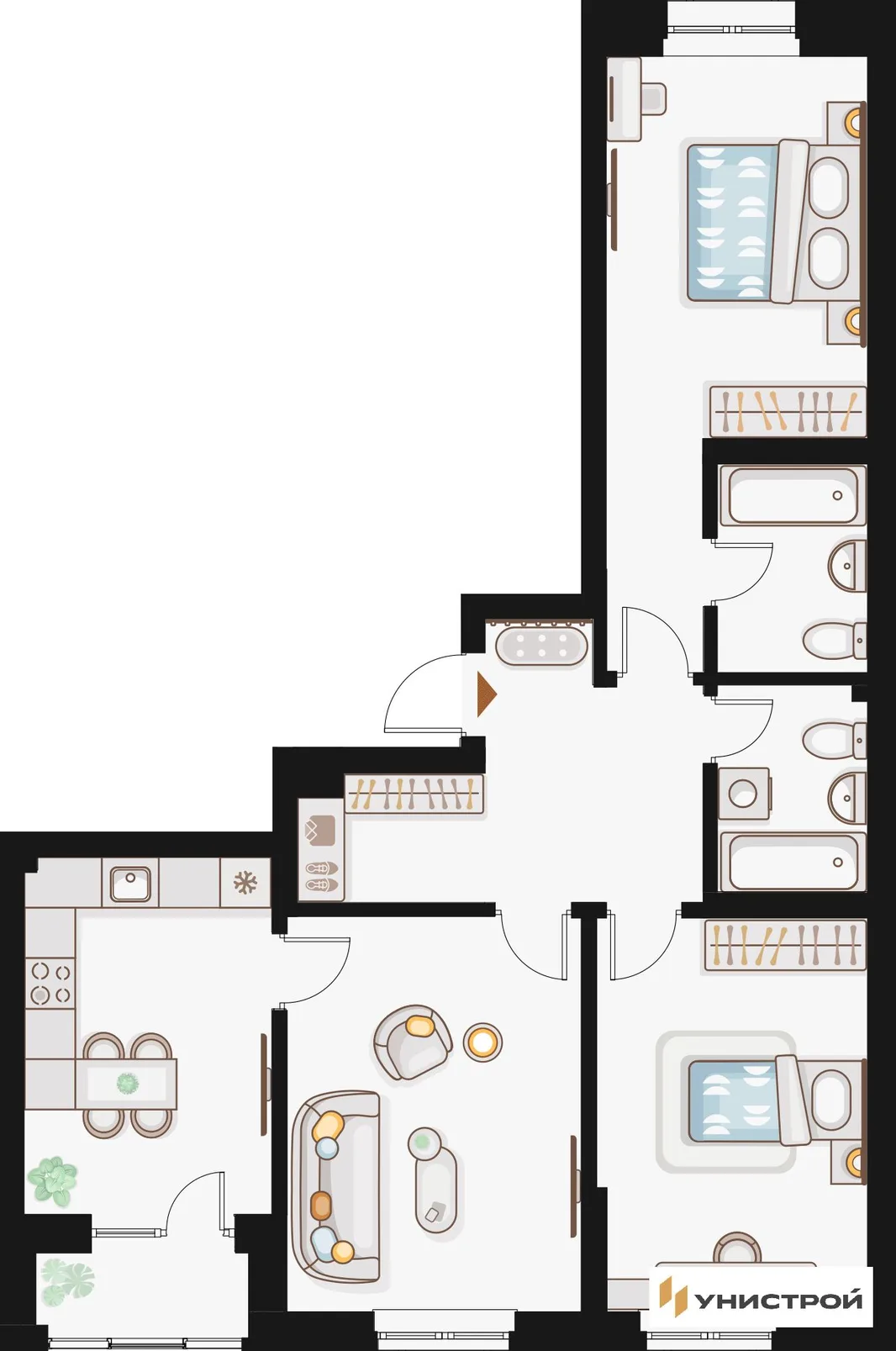 Планировка 3-комн. квартира, 82.24 м² ЖК «Жилой кластер Q на Кулагина»