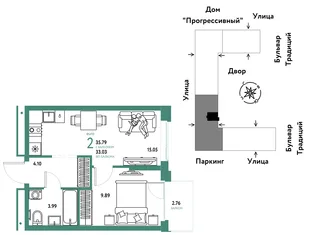 Планировка 2-комн. квартира, 35.79 м² ЖК «Микрорайон Домашний»