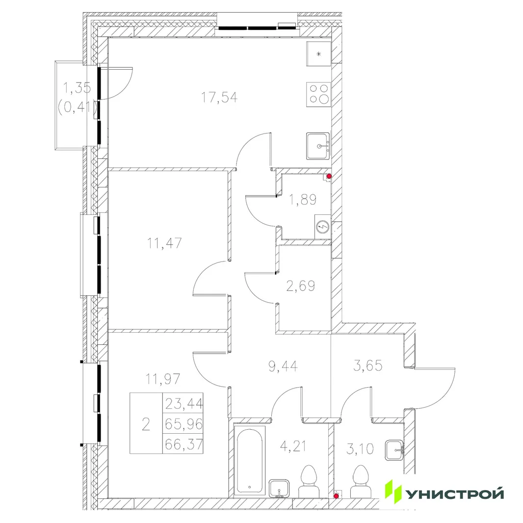 Планировка 2-комн. квартира, 66.37 м² ЖК «Statum»