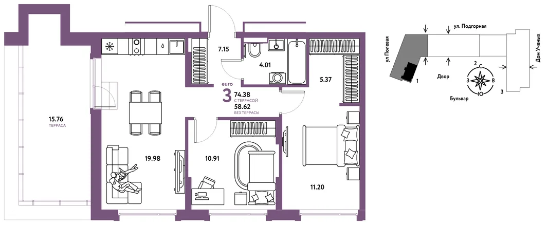 Планировка 3-комн. квартира, 74.47 м² ЖК «Авторский»