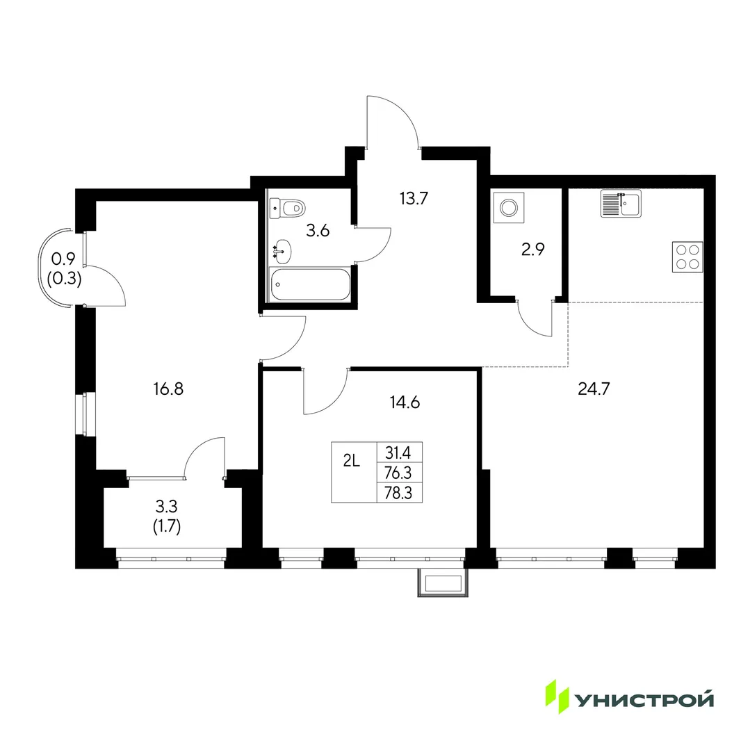 Планировка 2-комн. квартира, 78.3 м² ЖК «Стадиум»