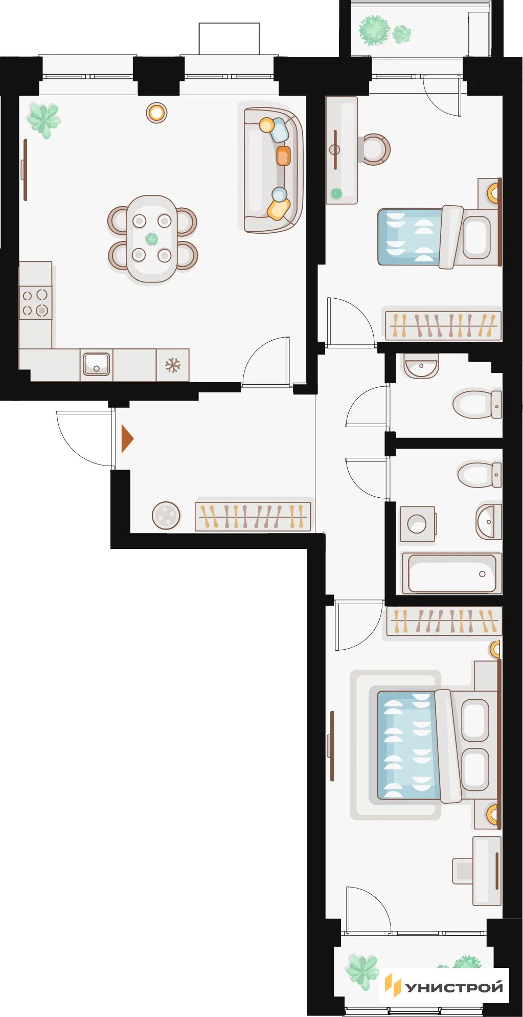 Планировка 2-комн. квартира, 71.54 м² ЖК «Жилой кластер Q на Кулагина»