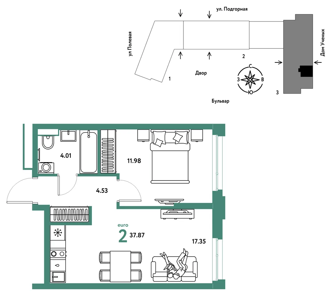 Планировка 2-комн. квартира, 37.97 м² ЖК «Авторский»