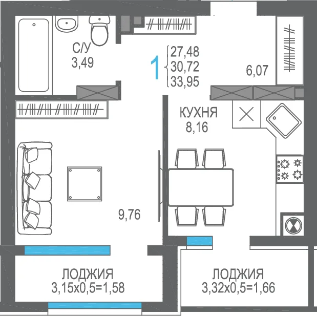 Планировка 1-комн. квартира, 30.72 м² ЖК «На Фонтанке»