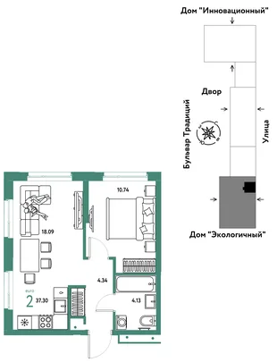 Планировка 2-комн. квартира, 37.3 м² ЖК «Микрорайон Домашний»