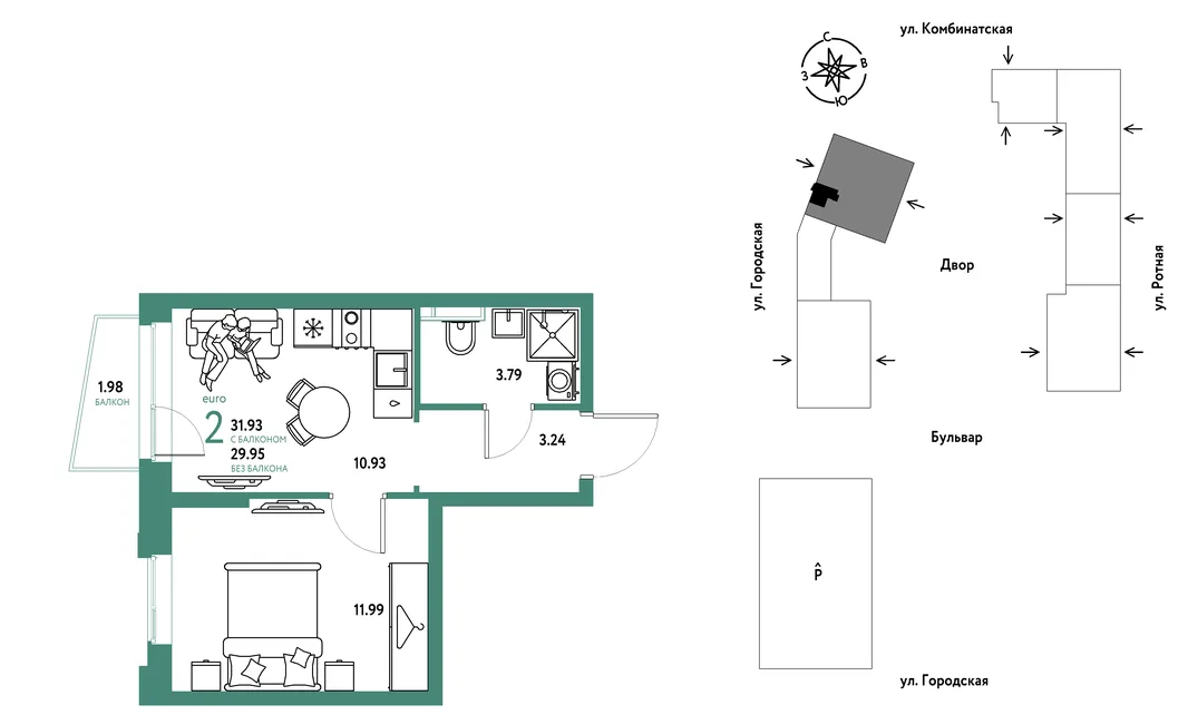 Планировка 2-комн. квартира, 31.93 м² ЖК «Уральский сад»