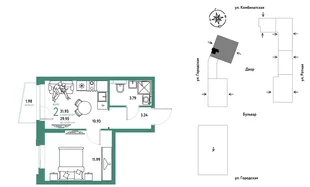 Планировка 2-комн. квартира, 31.93 м² ЖК «Уральский сад»