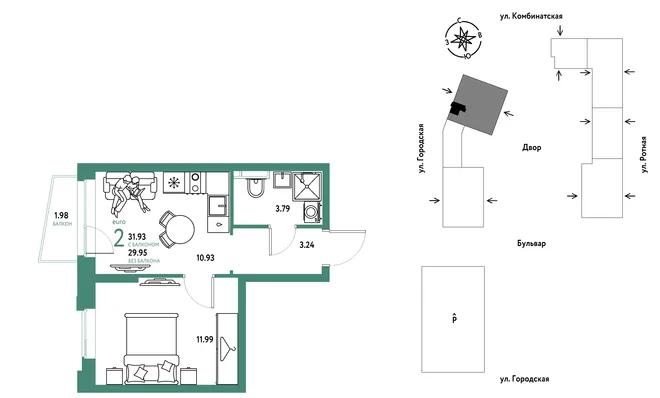Планировка 2-комн. квартира, 31.93 м² ЖК «Уральский сад»