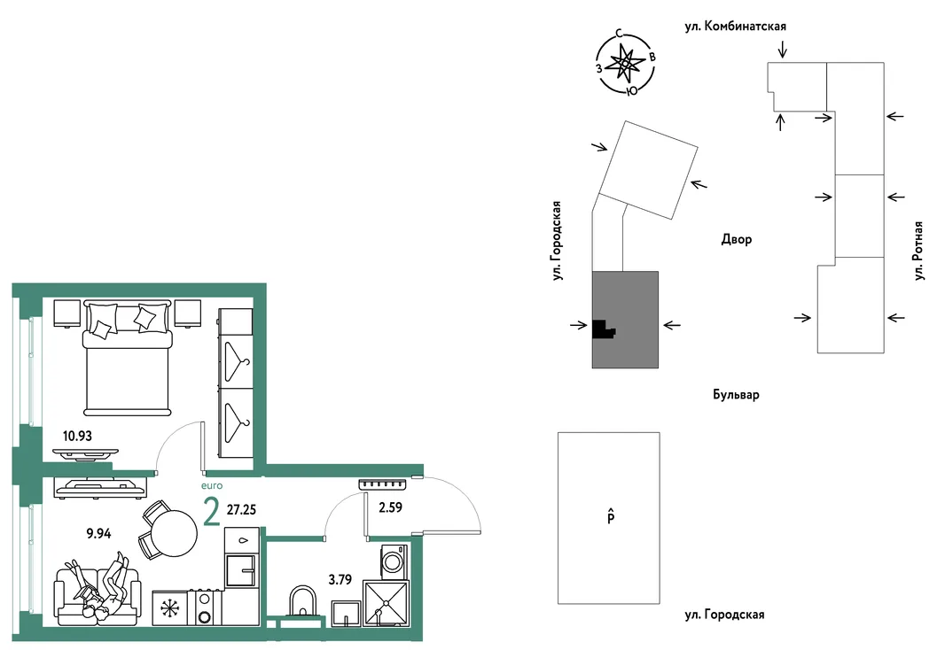 Планировка 2-комн. квартира, 27.25 м² ЖК «Уральский сад»