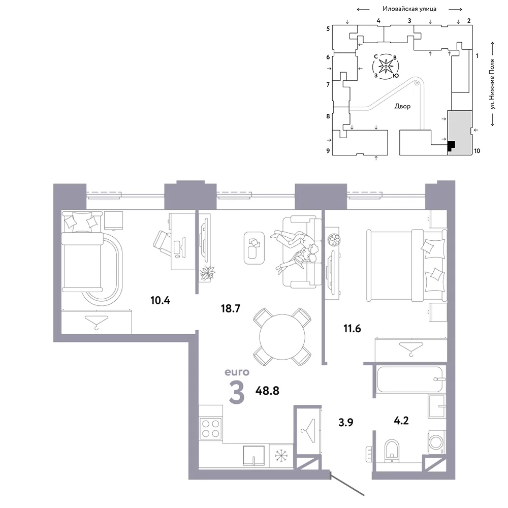 Планировка 3-комн. квартира, 48.8 м² ЖК «Страна.Заречная»