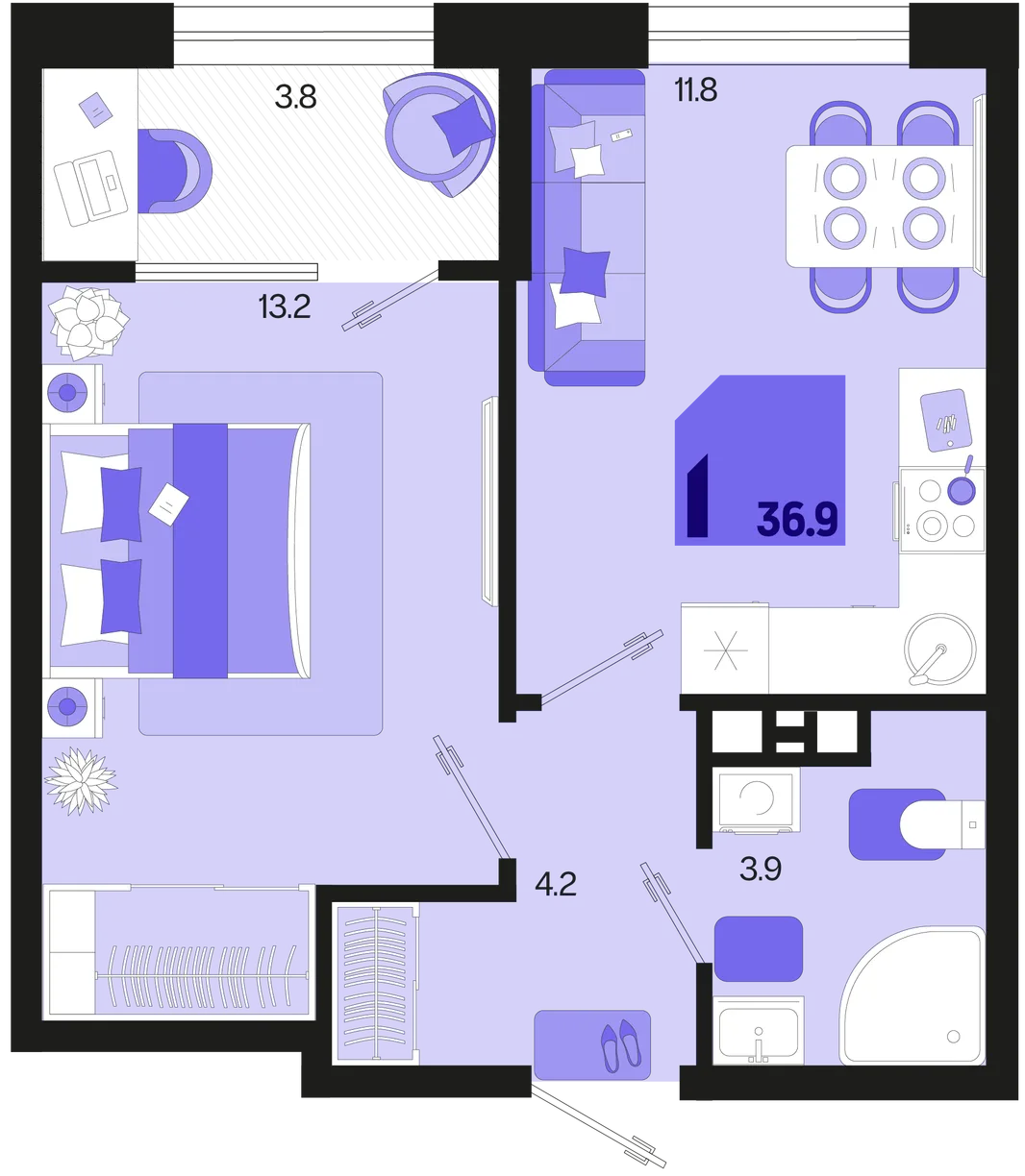 Планировка 1-комн. квартира, 36.9 м² ЖК «Первое место»