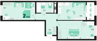 Планировка 2-комн. квартира, 67.8 м² ЖК «Первое место»