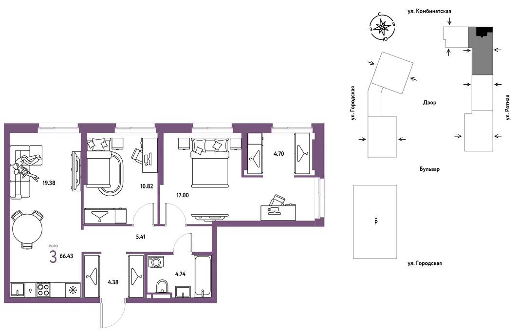 Планировка 3-комн. квартира, 66.43 м² ЖК «Уральский сад»