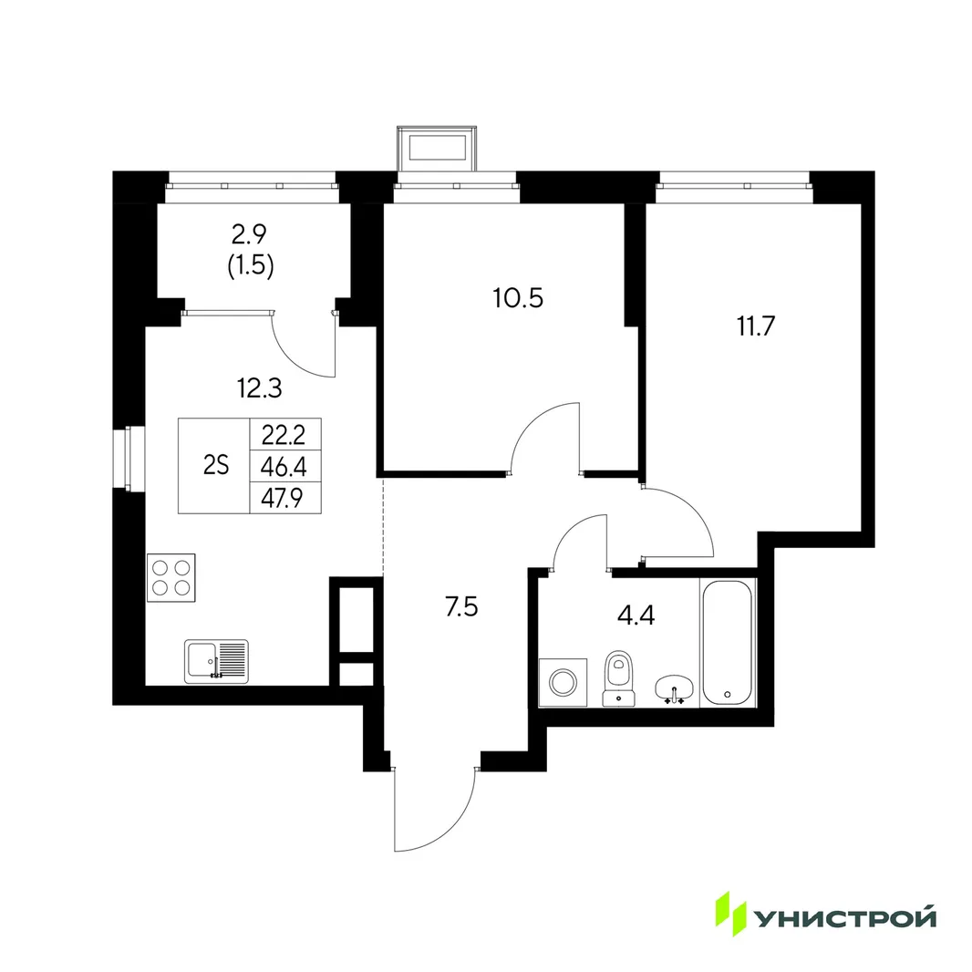 Планировка 2-комн. квартира, 47.9 м² ЖК «Стадиум»