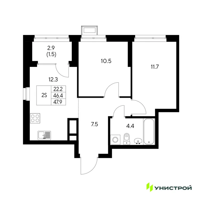 Планировка 2-комн. квартира, 47.9 м² ЖК «Стадиум» Планировка 2-комн. квартира, 47.9 м² ЖК «Стадиум»