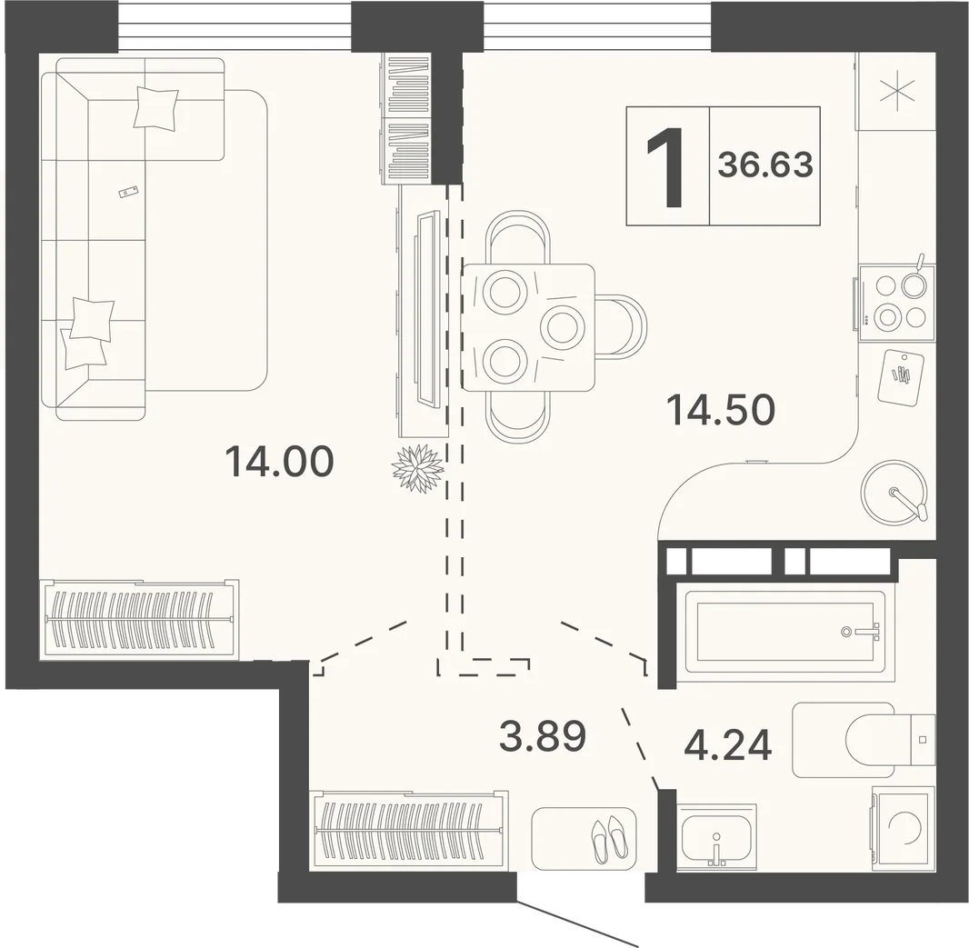 Планировка 1-комн. квартира, 36.63 м² ЖК «Светский лес»