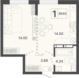 Планировка 1-комн. квартира, 36.63 м² ЖК «Светский лес»