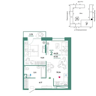 Планировка 2-комн. квартира, 44.23 м² ЖК «Юнион»