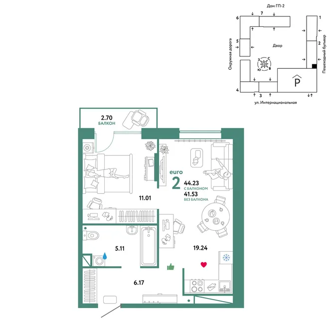 Планировка 2-комн. квартира, 44.23 м² ЖК «Юнион» Планировка 2-комн. квартира, 44.23 м² ЖК «Юнион»