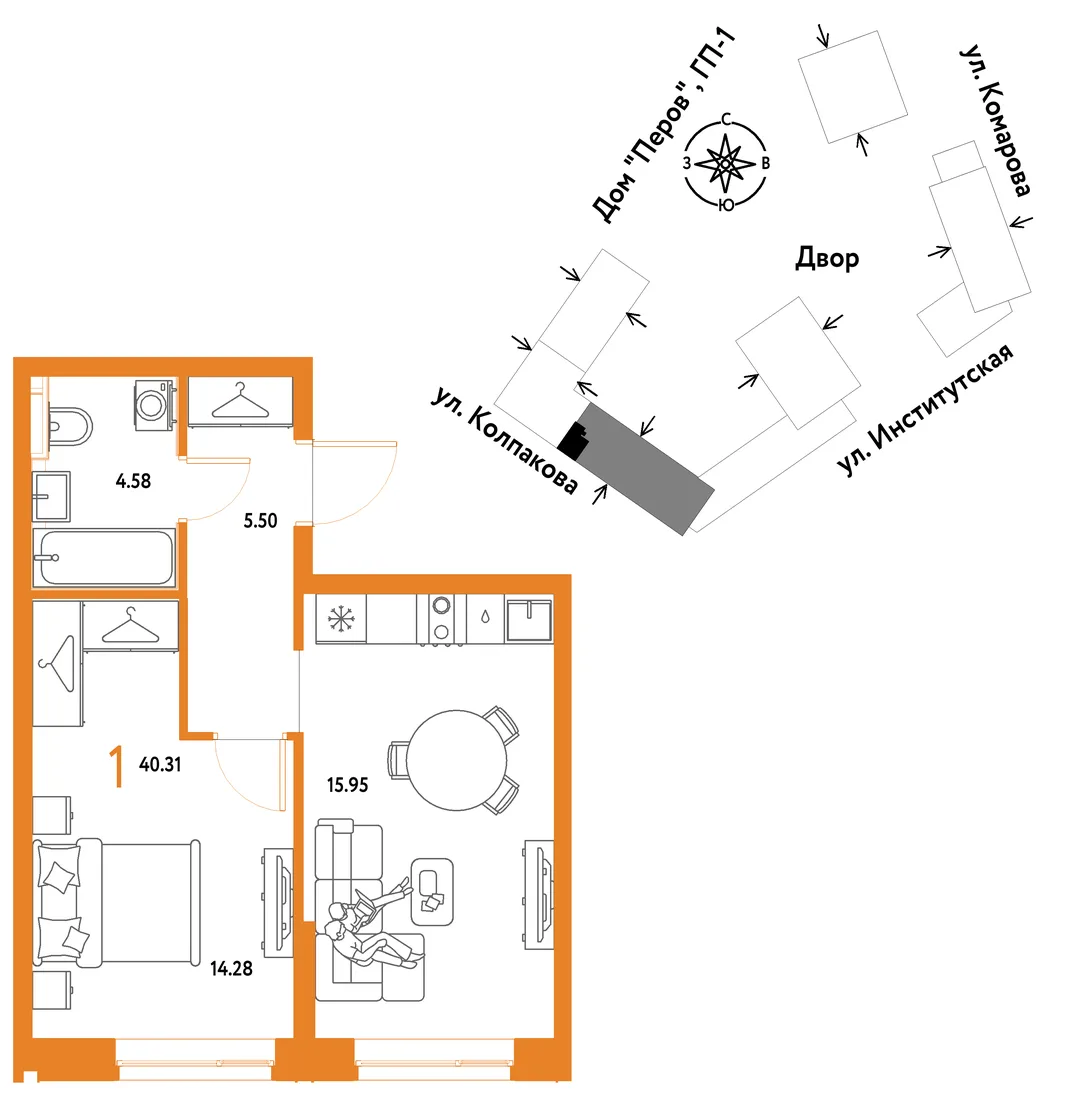Планировка 1-комн. квартира, 40.31 м² ЖК «Страна.Парковая»