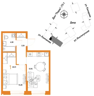 Планировка 1-комн. квартира, 40.31 м² ЖК «Страна.Парковая»