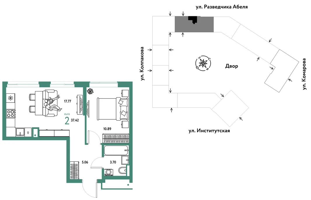 Планировка 2-комн. квартира, 37.42 м² ЖК «Страна.Парковая»