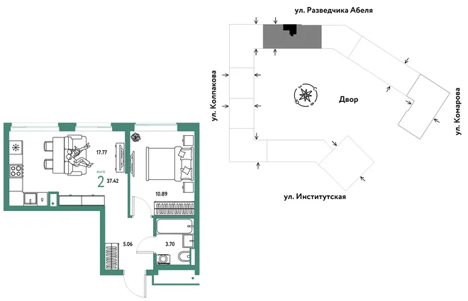 Планировка 2-комн. квартира, 37.42 м² ЖК «Страна.Парковая» Планировка 2-комн. квартира, 37.42 м² ЖК «Страна.Парковая»