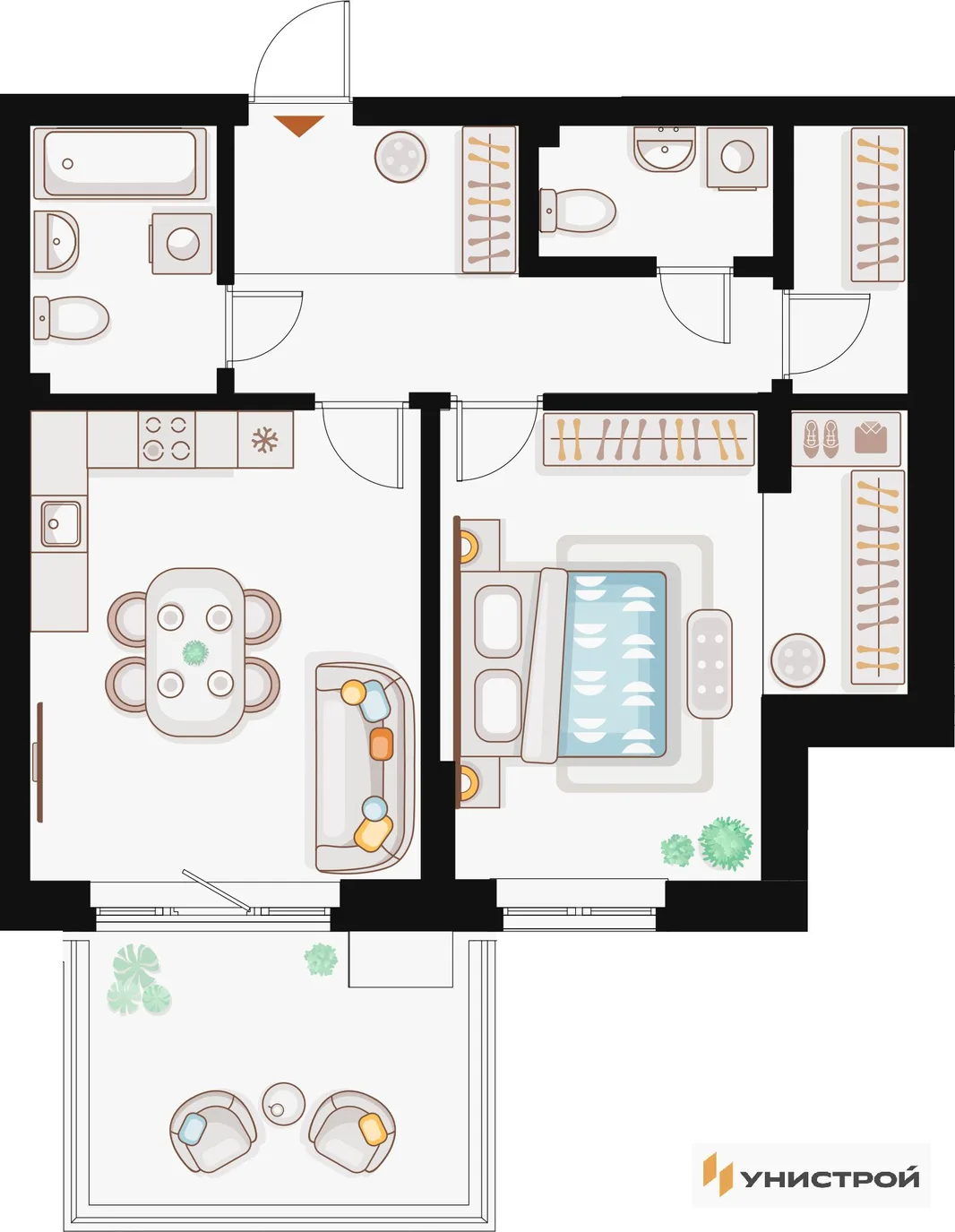 Планировка 1-комн. квартира, 58.07 м² ЖК «Жилой кластер Q на Кулагина»