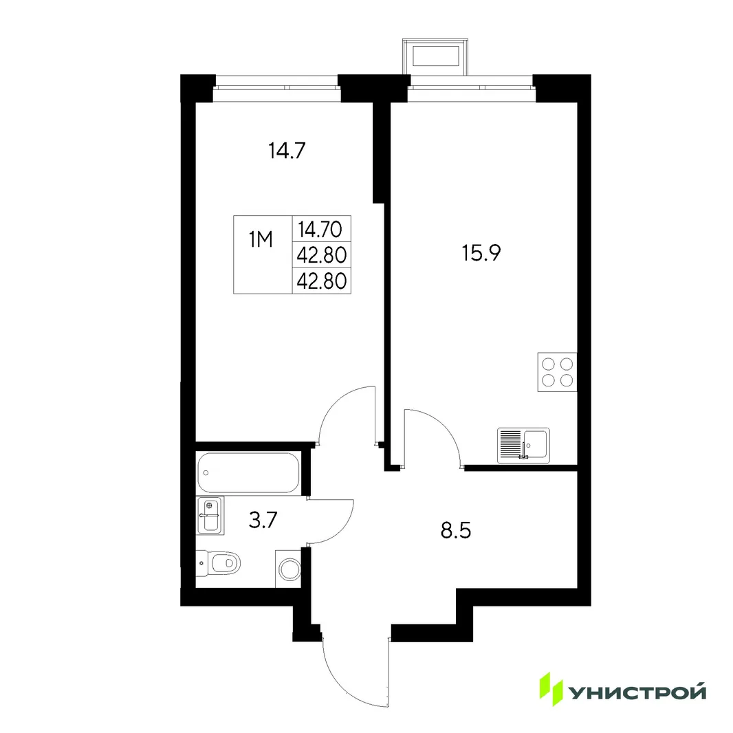 Планировка 1-комн. квартира, 42.8 м² ЖК «Стадиум»