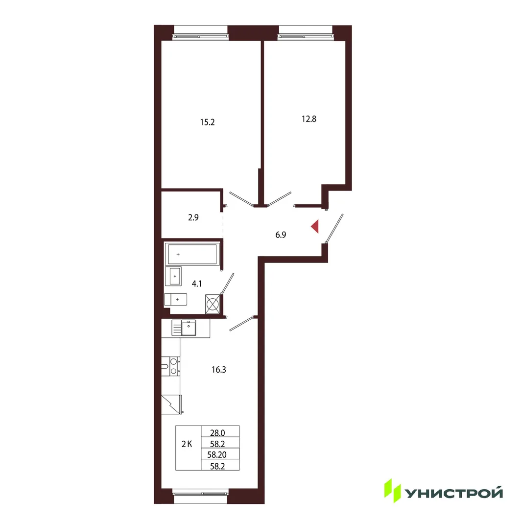 Планировка 2-комн. квартира, 58.2 м² ЖК «Лисино»