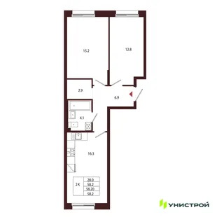 Планировка 2-комн. квартира, 58.2 м² ЖК «Лисино»