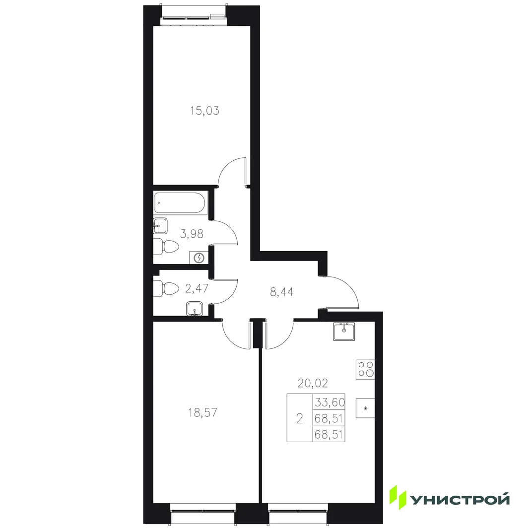 Планировка 2-комн. квартира, 68.51 м² ЖК «Statum»