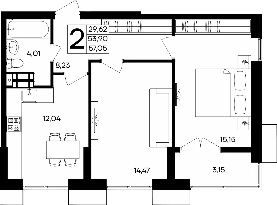 Планировка 2-комн. квартира, 57.05 м² ЖК «Семисчастье»