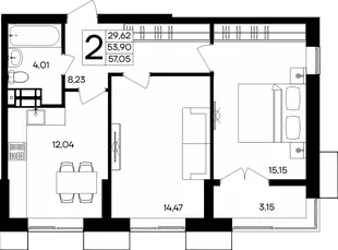 Планировка 2-комн. квартира, 57.05 м² ЖК «Семисчастье»