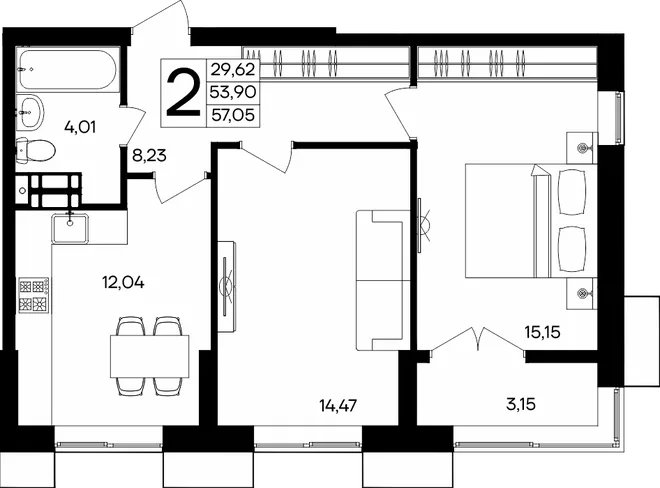 Планировка 2-комн. квартира, 57.05 м² ЖК «Семисчастье»