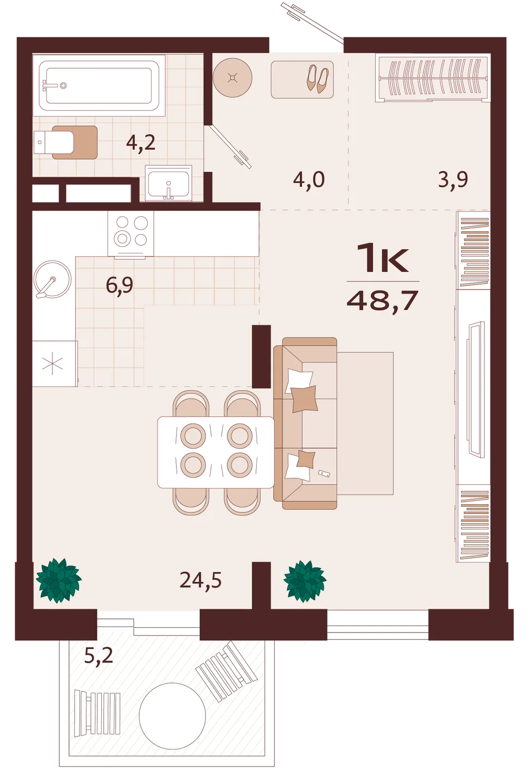 Планировка 1-комн. квартира, 48.7 м² ЖК «Роялта»