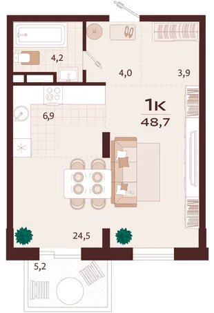 Планировка 1-комн. квартира, 48.7 м² ЖК «Роялта»