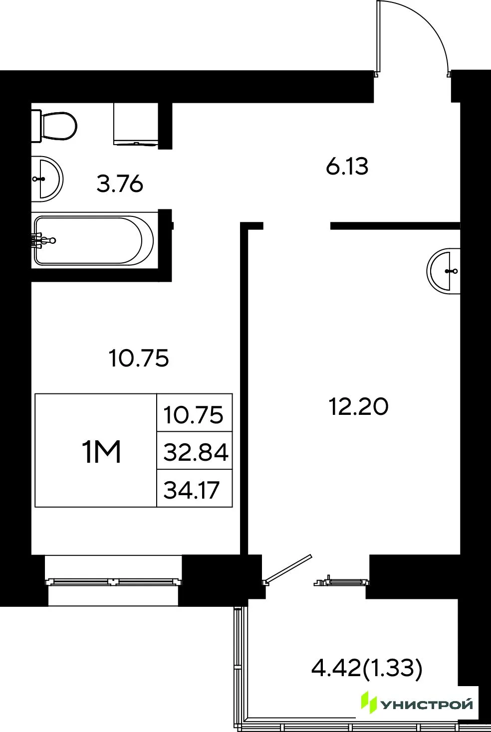 Планировка 1-комн. квартира, 34.17 м² ЖК «Царёво City»