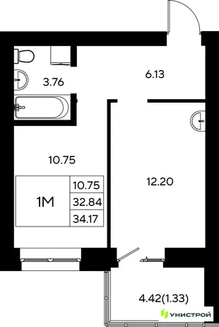 Планировка 1-комн. квартира, 34.17 м² ЖК «Царёво City»