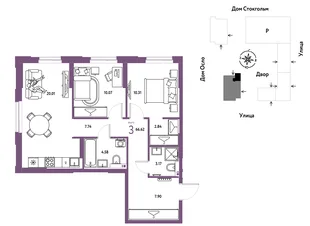 Планировка 3-комн. квартира, 66.62 м² ЖК «Европейский берег 2.0»