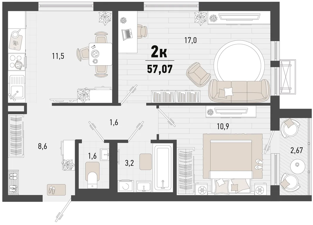 Планировка 2-комн. квартира, 57.07 м² ЖК «Барса»