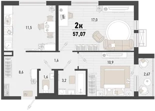 Планировка 2-комн. квартира, 57.07 м² ЖК «Барса»