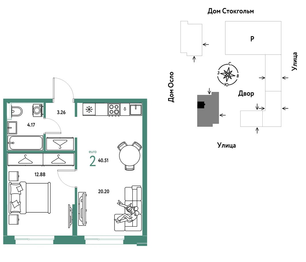 Планировка 2-комн. квартира, 40.51 м² ЖК «Европейский берег 2.0»