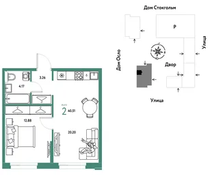 Планировка 2-комн. квартира, 40.51 м² ЖК «Европейский берег 2.0»