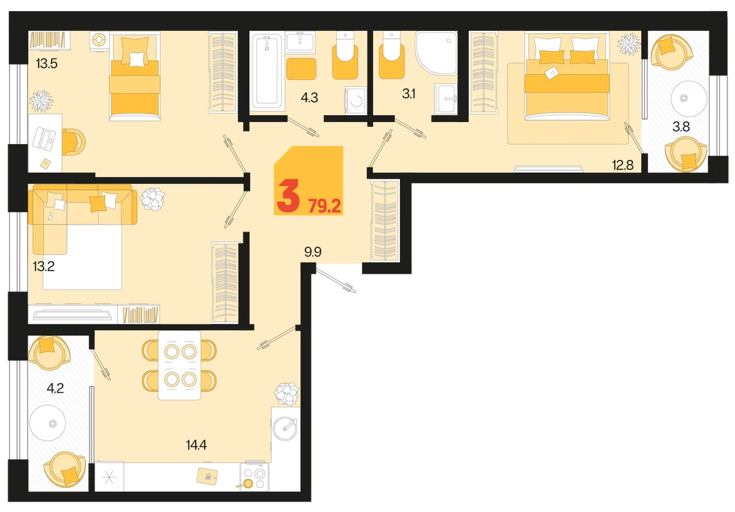 Планировка 3-комн. квартира, 79.2 м² ЖК «Первое место»